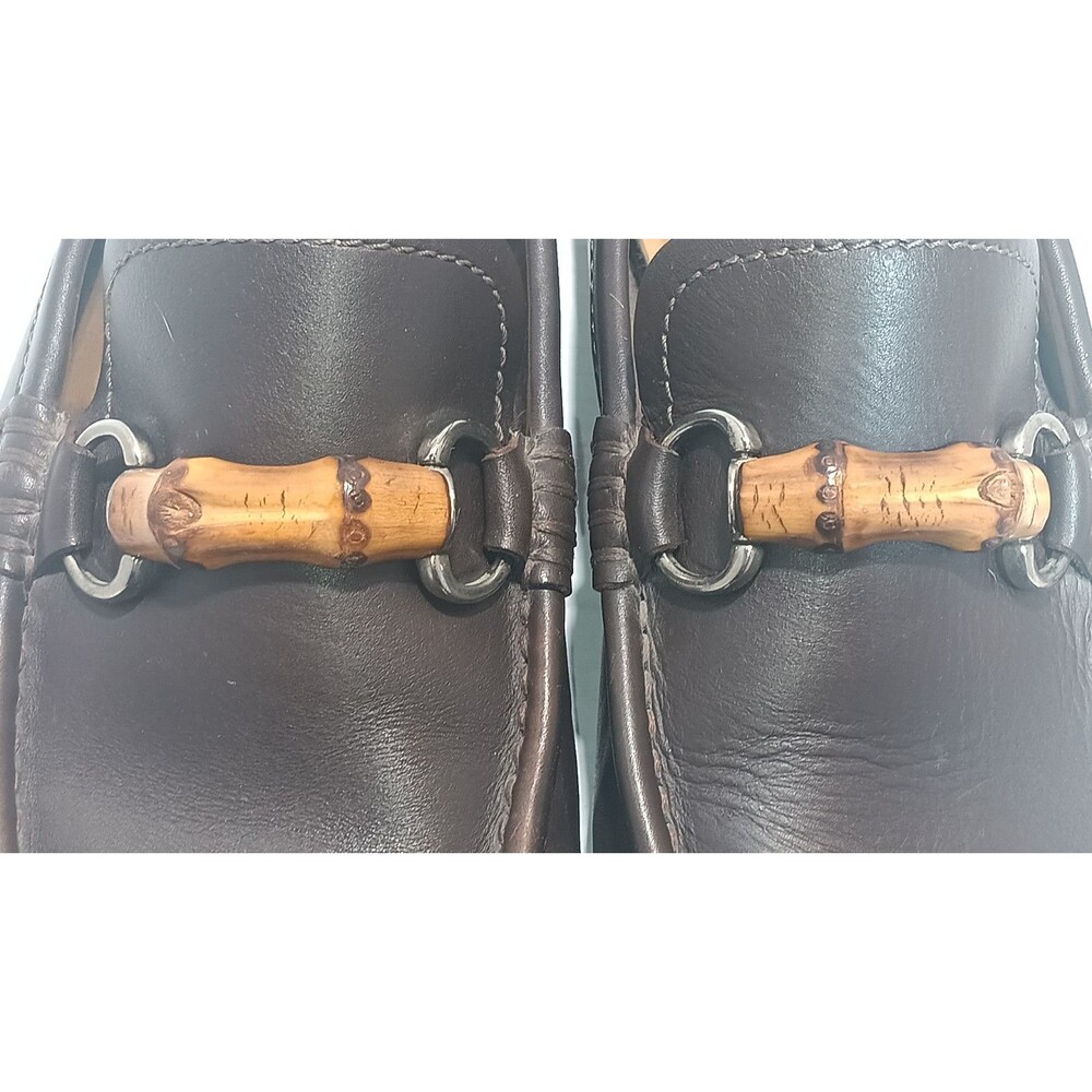 Men's 8.5 🔥 GUCCI Chocolate Brown Leather Driving Loafers Bamboo Horsebit Shoes - Picture 6 of 14